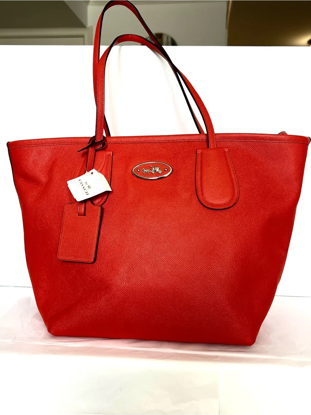 Coach Red Leather Tote with Luggage Tag and Logo Plaque